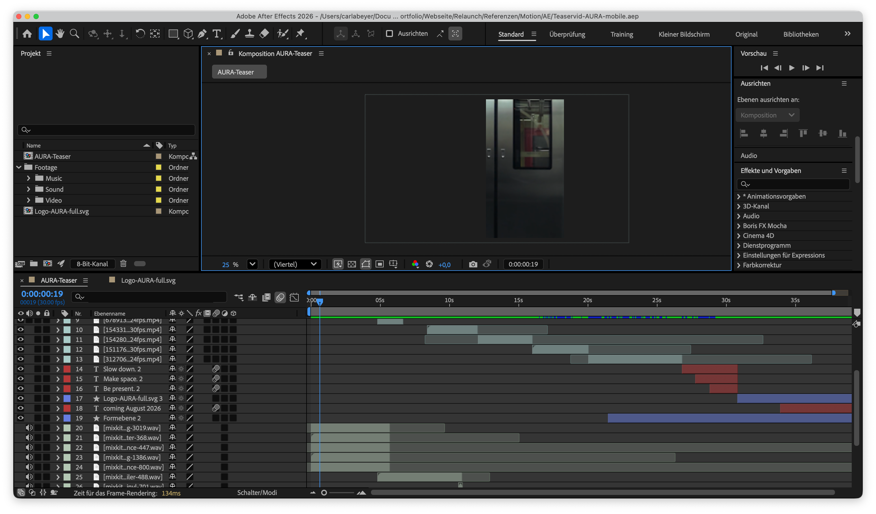 AURA Brandfilm in Adobe After Effects mit sichtbarer Schnitt-Timeline