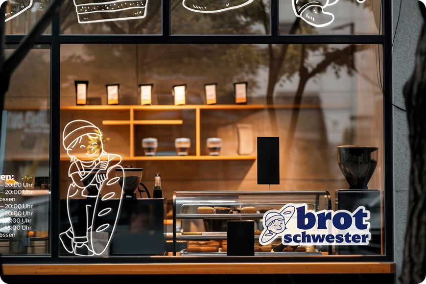 Brotschwester Branding im Schaufenster einer Bäckerei